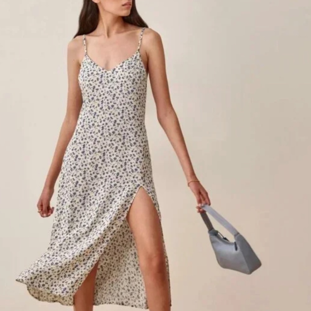 Reformation Crimini Blue and Cream Floral Midi Dress with Slit, Sz 8  - Mykonos